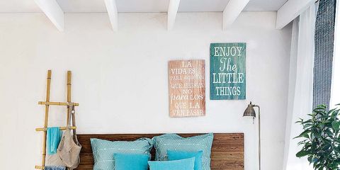 Blue, Wood, Green, Room, Interior design, Textile, Wall, Teal, Floor, Linens, 