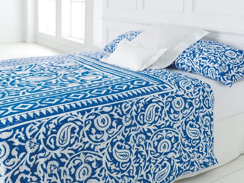 Blue, Bed, Room, Bedding, Textile, Interior design, Bedroom, Floor, Linens, Bed sheet, 