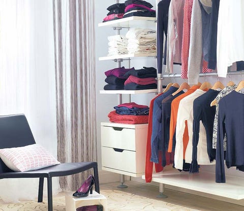 Room, Furniture, Clothes hanger, Chair, Closet, Shelving, Curtain, Shelf, Armrest, Collection, 