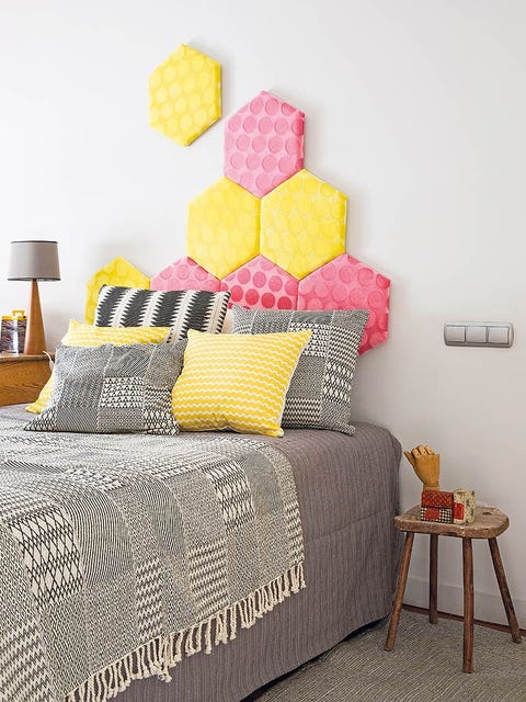 Yellow, Room, Textile, Wall, Furniture, Interior design, Linens, Bed, Bedding, Bedroom, 