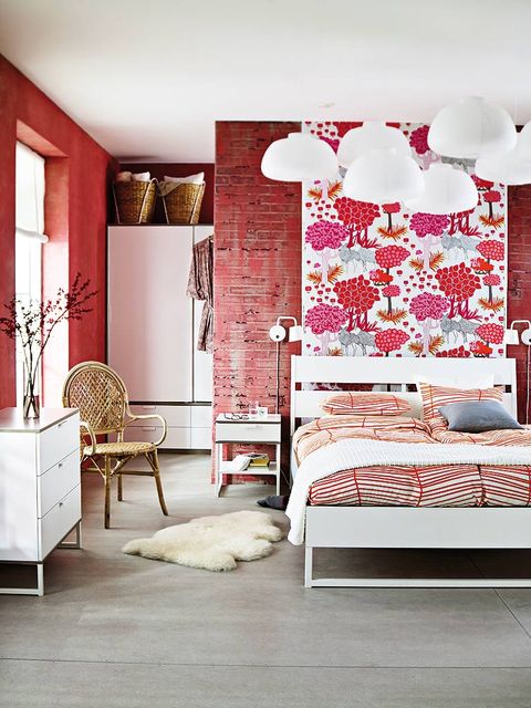 Furniture, Room, Pink, Interior design, Red, Wall, Bedroom, Living room, Wallpaper, Floor, 