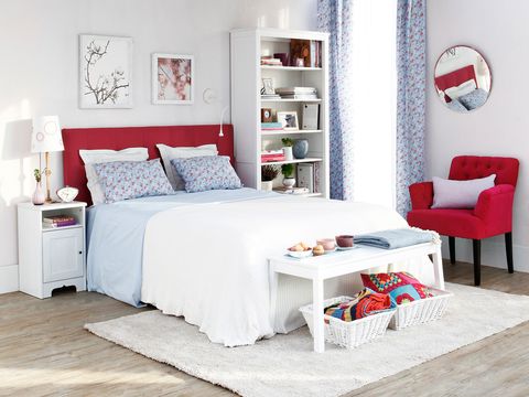 Blue, Room, Interior design, Floor, Furniture, Wall, Textile, Home, White, Red, 