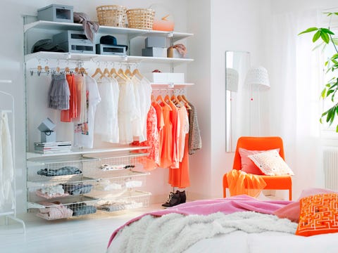 Room, Textile, Interior design, Bed, Orange, Clothes hanger, Linens, Bed sheet, Shelving, Bedroom, 