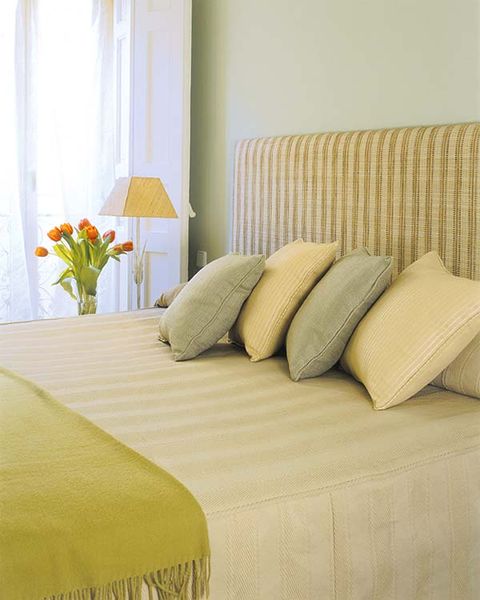 Yellow, Room, Interior design, Textile, Bedding, Wall, Linens, Bedroom, Bed sheet, Bed, 