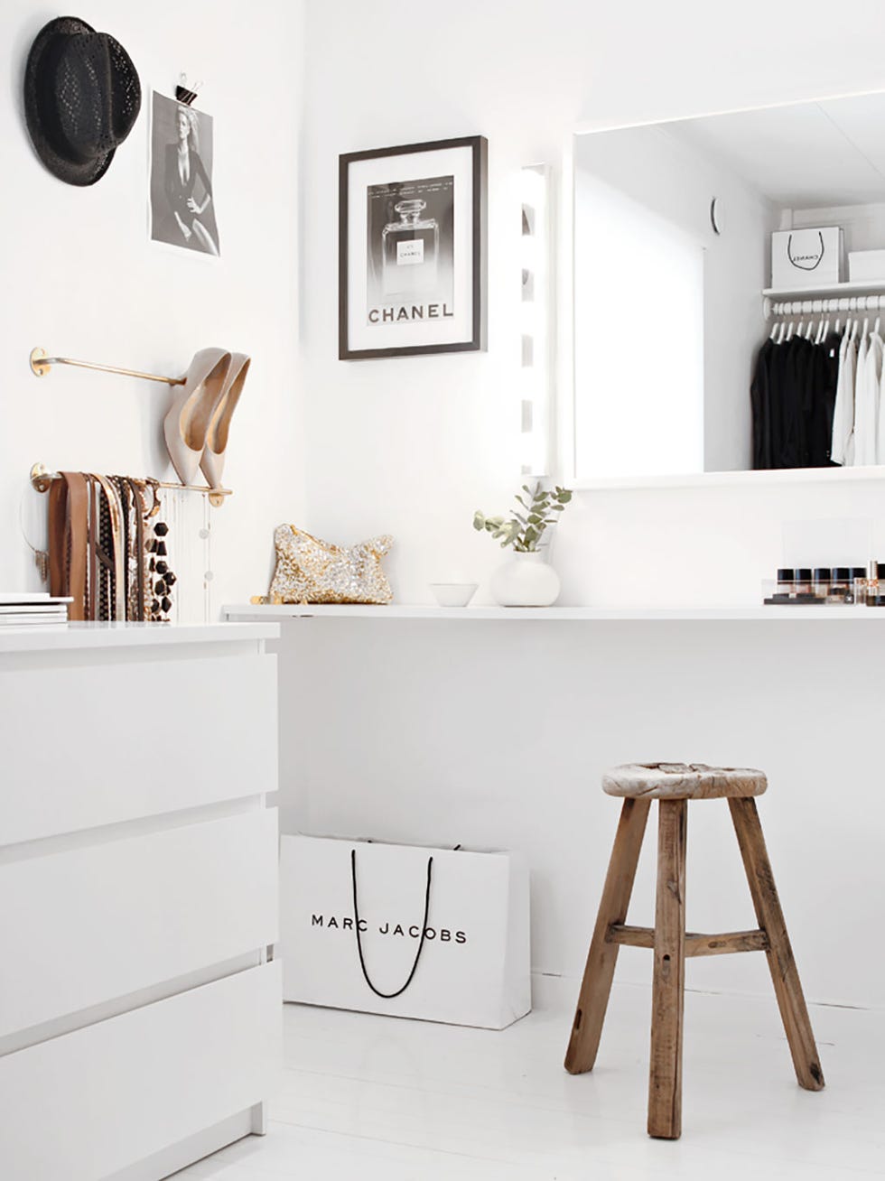 White, Furniture, Room, Interior design, Black-and-white, Table, Wall, Floor, Shelf, Chest of drawers, 