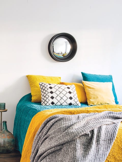 Bedroom, Yellow, Furniture, Room, Green, Blue, Turquoise, Bedding, Bed sheet, Bed, 
