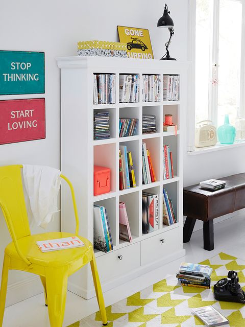 Room, Yellow, Shelf, Shelving, Interior design, Furniture, Wall, Bookcase, Publication, Book, 
