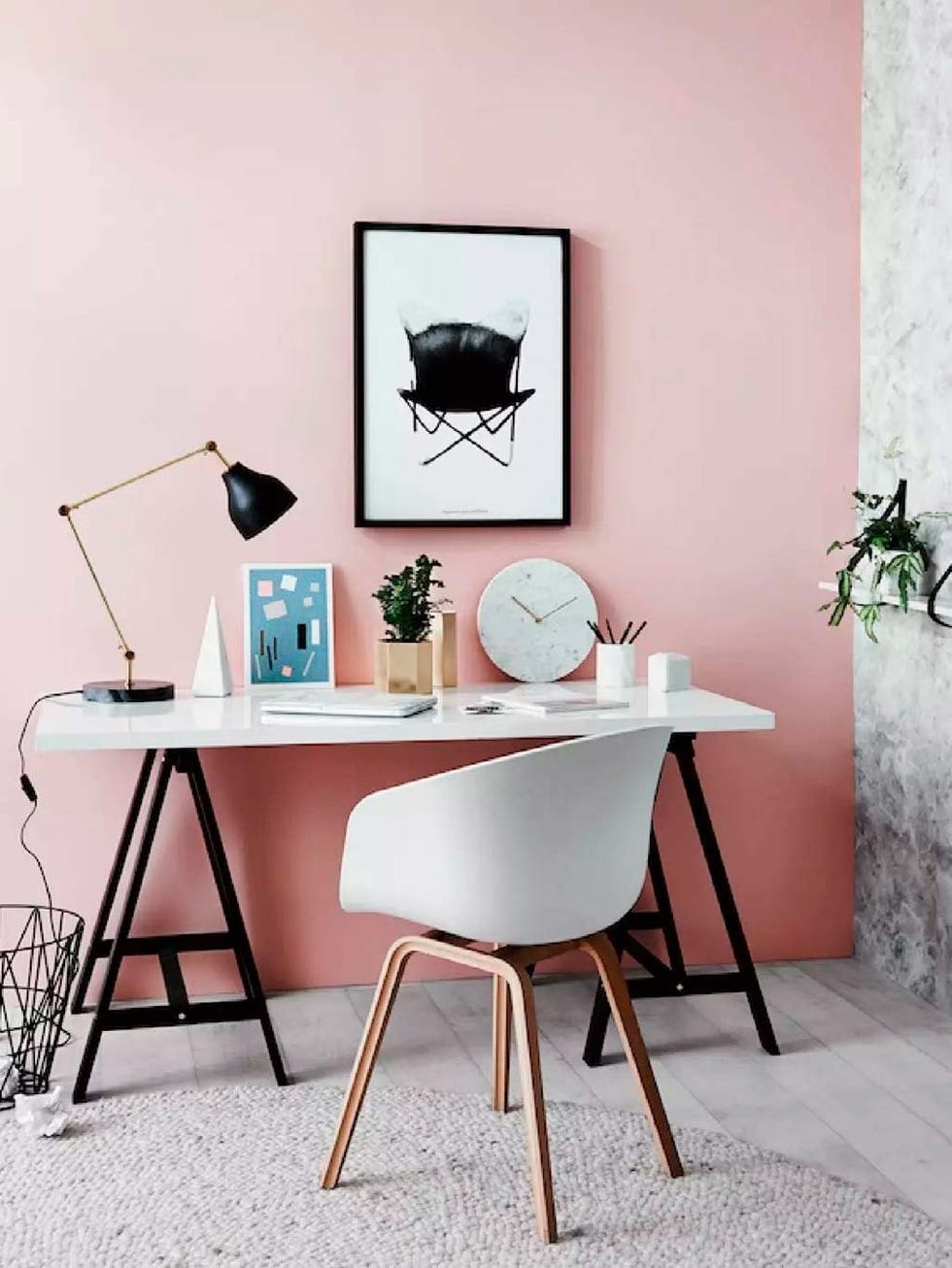 Furniture, Interior design, Room, Table, Desk, Wall, Pink, Chair, Design, Material property, 
