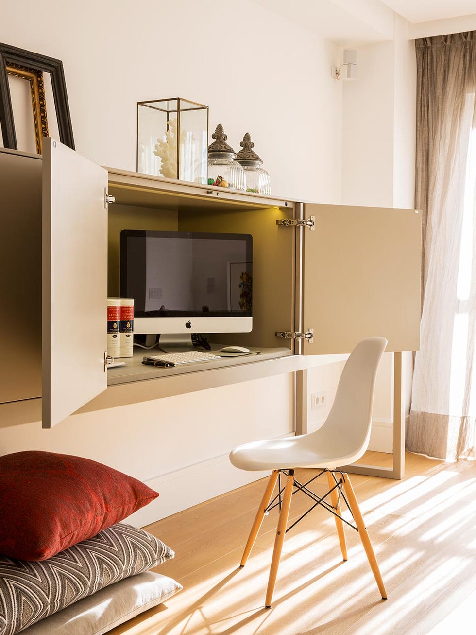 Furniture, Room, Interior design, Living room, Property, Wall, Table, Yellow, Computer desk, Orange, 