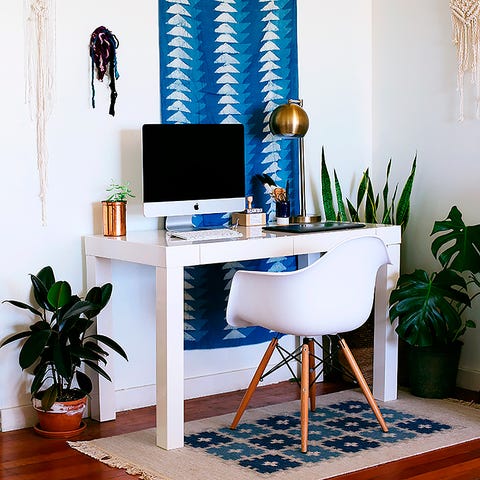 Blue, Room, Flowerpot, Plant, Interior design, Floor, Flooring, Interior design, Table, Display device, 