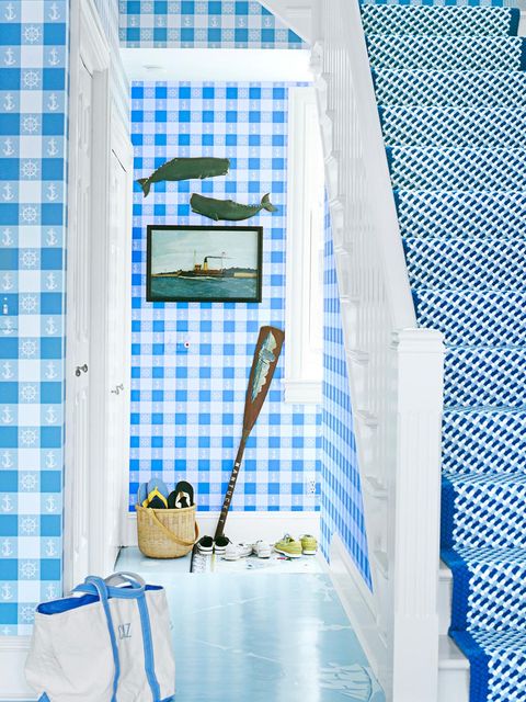 Blue, Curtain, Room, Textile, Interior design, Building, Pattern, Bathroom, House, 