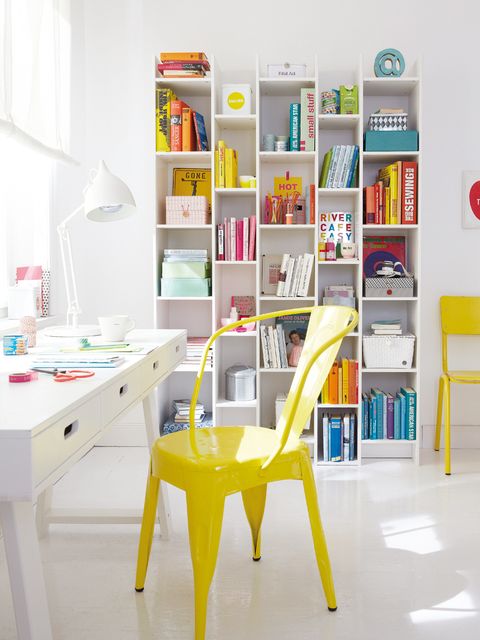 Room, Yellow, Interior design, Furniture, Shelving, Shelf, Paint, Chair, Turquoise, Home, 