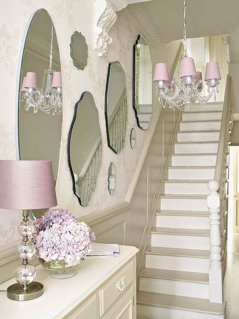 Room, Stairs, Interior design, Green, Property, White, Wall, Interior design, Pink, Ceiling, 