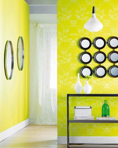 Green, Yellow, Interior design, Room, Floor, Wall, Flooring, Drink, Interior design, Fixture, 