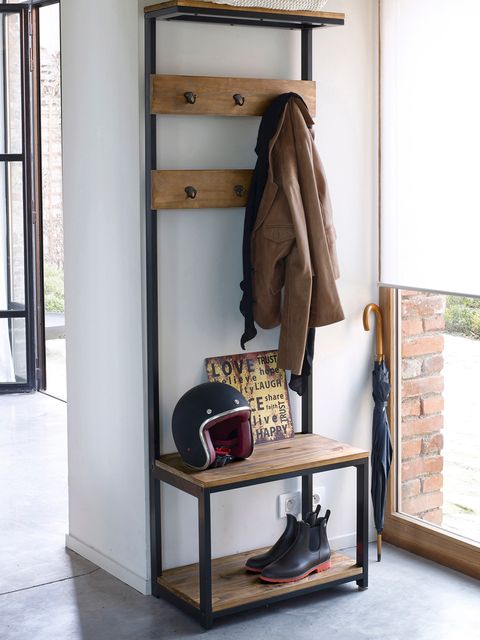 Wood, Outerwear, Jacket, Coat, Tan, Natural material, Shelving, Daylighting, Clothes hanger, Boot, 