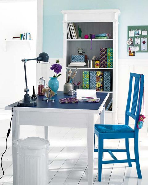 Furniture, Turquoise, Room, Table, Shelf, Desk, Interior design, Computer desk, Aqua, Shelving, 