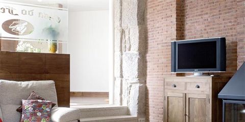 Wood, Room, Interior design, Floor, Home, Flooring, Furniture, Display device, Wall, Television set, 