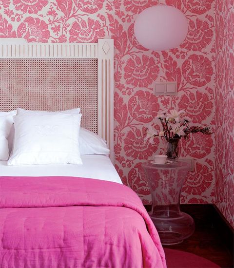 Bed, Room, Interior design, Bedding, Wall, Textile, Bedroom, Pink, Furniture, Bed sheet, 