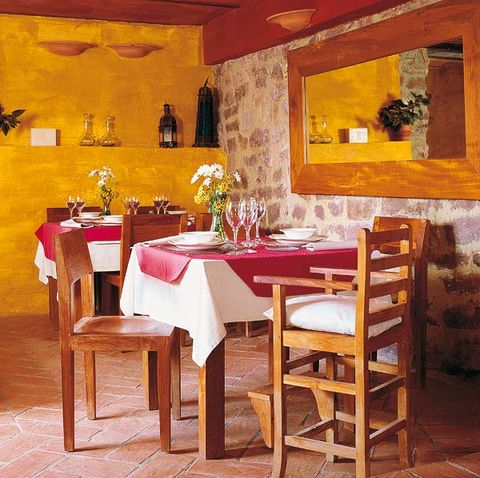 Yellow, Room, Table, Interior design, Furniture, Tablecloth, Chair, Interior design, Restaurant, Hardwood, 