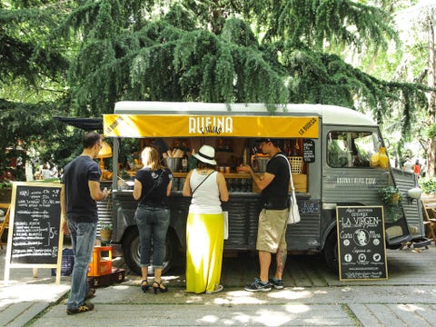 Bus, Sidewalk, Food truck, 
