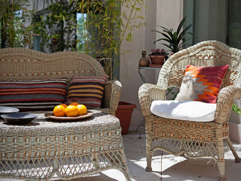 Furniture, Wicker, Room, Chair, Coffee table, Orange, Interior design, Table, Living room, Home, 