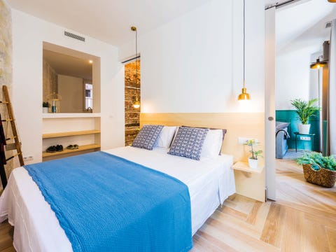 Bedroom, Furniture, Bed, Room, Property, Bed sheet, Interior design, Blue, Building, Wall, 