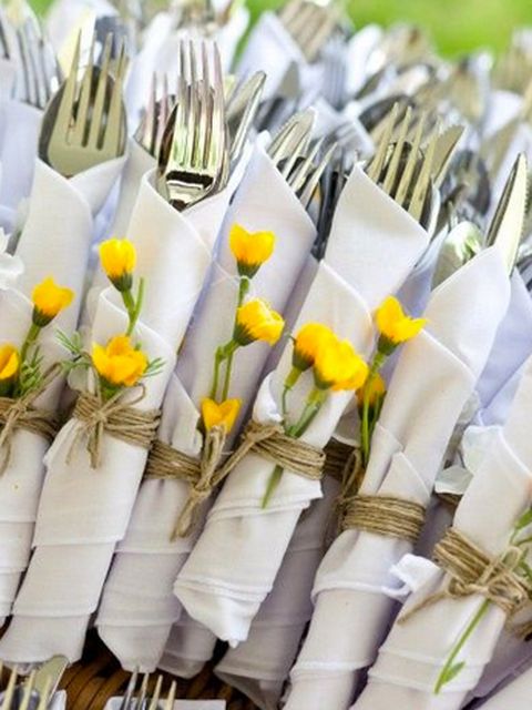 Yellow, White, Dishware, Cutlery, Kitchen utensil, Floristry, Flower Arranging, Household silver, Fork, Silver, 