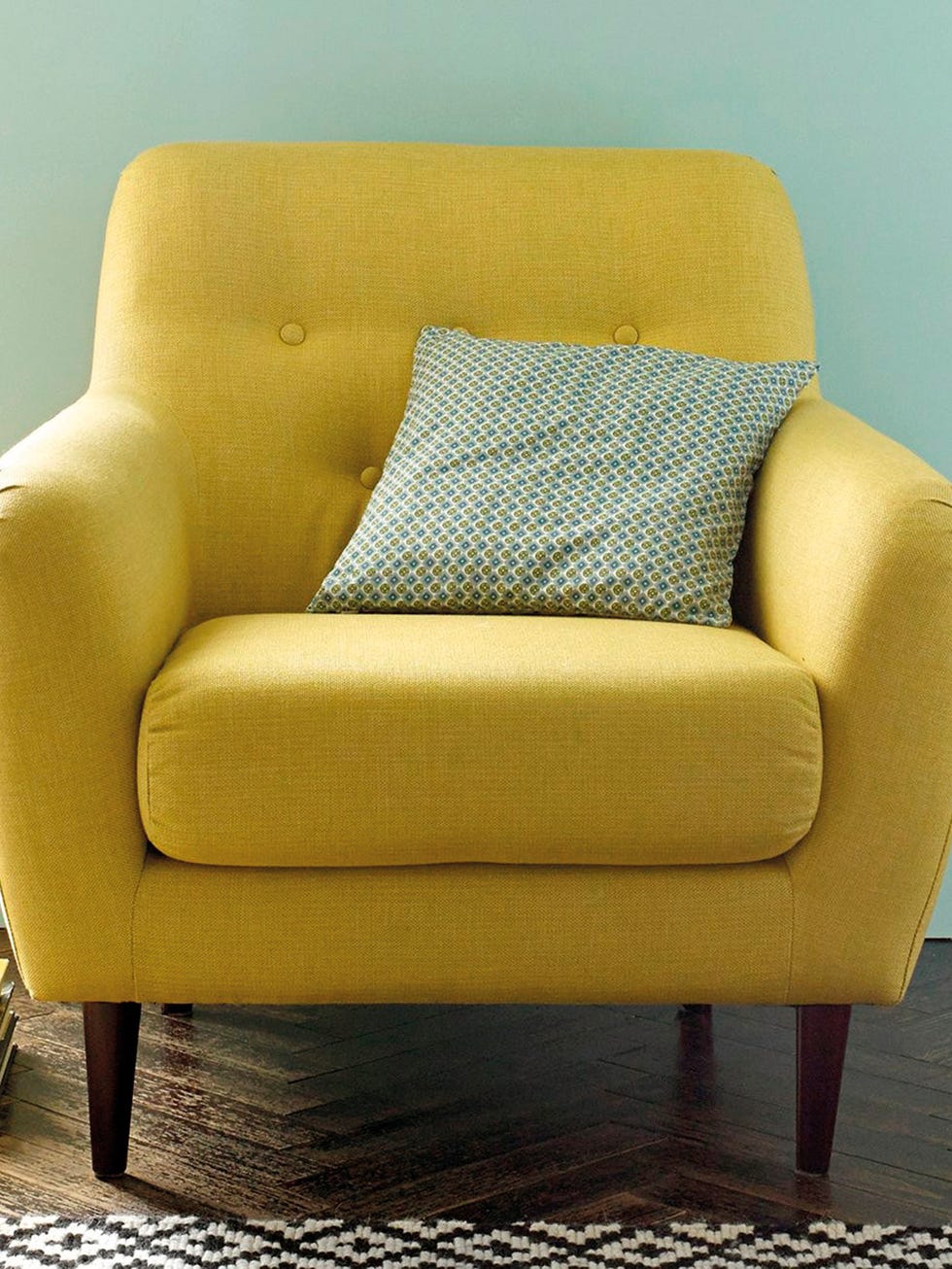 Furniture, Yellow, Chair, Club chair, Couch, Room, Living room, Interior design, Armrest, Comfort, 