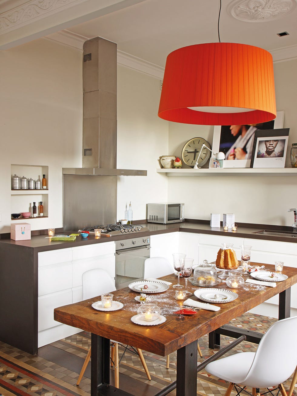Room, Furniture, Kitchen, Interior design, Dining room, Property, Orange, Countertop, Ceiling, Table, 