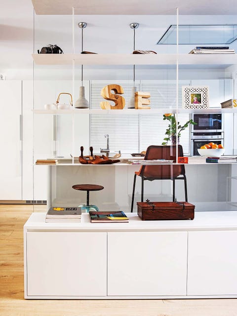 Room, Furniture, Kitchen, Shelf, Interior design, Product, Countertop, Orange, Cabinetry, Building, 