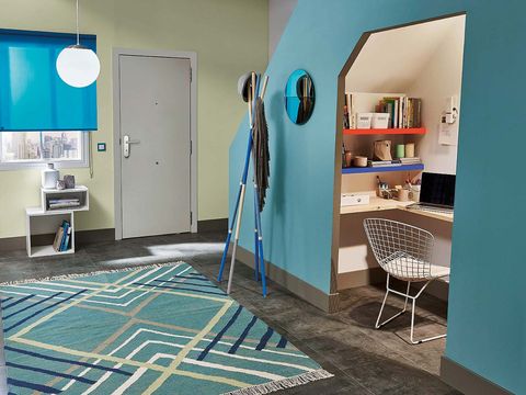 Blue, Room, Interior design, Floor, Flooring, Textile, Teal, Turquoise, Wall, Aqua, 