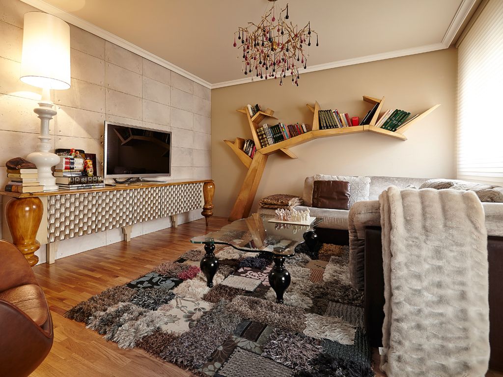 salón con alfombra de pelo patchwork