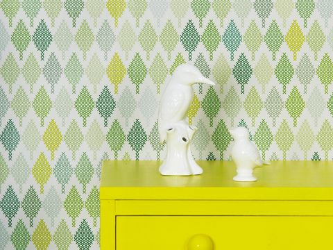 Green, Yellow, Pattern, Drawer, Wallpaper, Cabinetry, Plastic, Figurine, Handle, Dresser, 