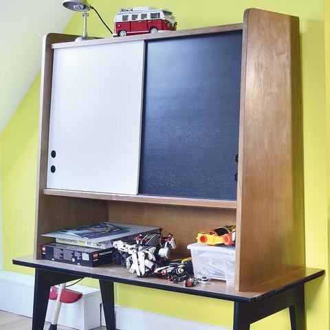 Room, Shelving, Wood stain, Paint, Plywood, Varnish, Still life photography, Toy vehicle, Automotive tail & brake light, 
