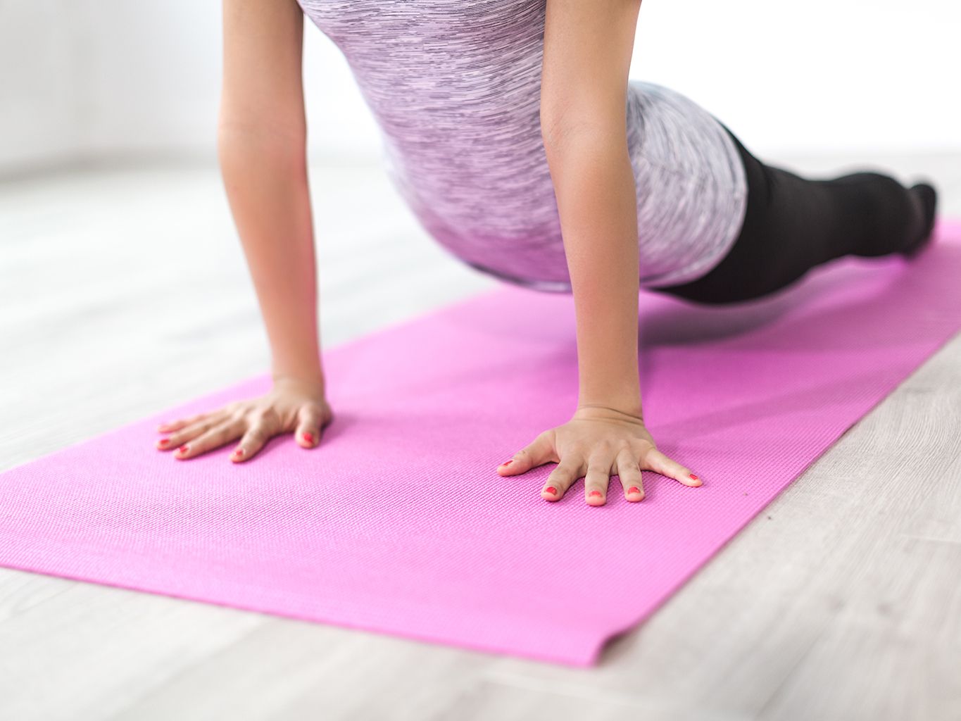 Pink, Yoga mat, Physical fitness, Mat, Floor, Leg, Arm, Mat, Human leg, Flooring, 