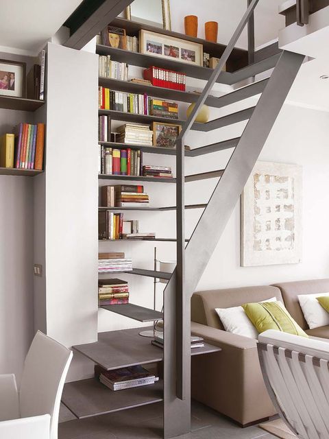 Room, Interior design, Shelving, Floor, Shelf, Wall, Furniture, Publication, Stairs, Bookcase, 