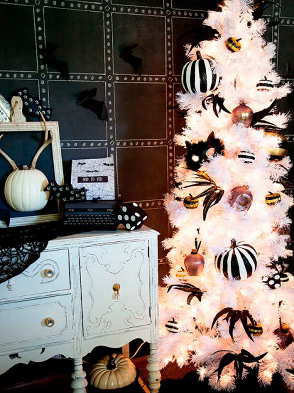 White, Tree, Room, Christmas ornament, Christmas tree, Furniture, Branch, Interior design, Christmas decoration, Plant, 