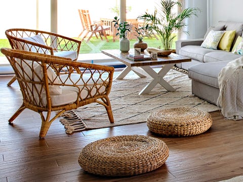 Furniture, Coffee table, Table, Room, Interior design, Chair, Floor, Wood flooring, Wicker, Living room, 