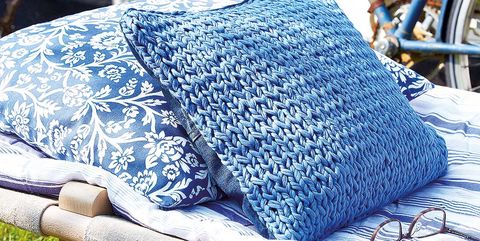 Blue, Crochet, Azure, Textile, Design, Furniture, Basket, Pattern, Bag, Linens, 