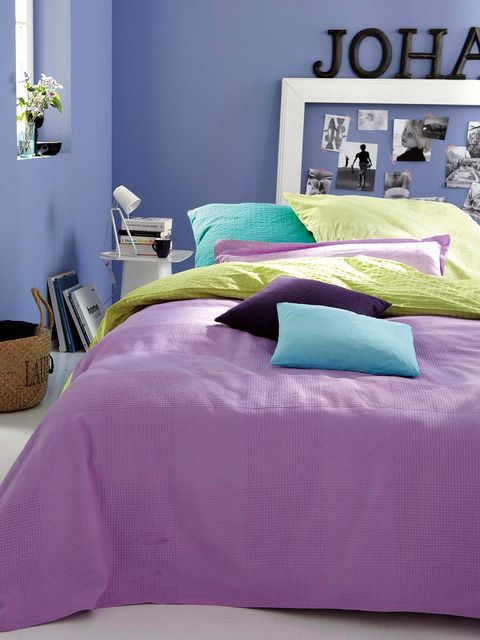 Room, Bedding, Purple, Textile, Bed sheet, Bedroom, Violet, Interior design, Linens, Pink, 