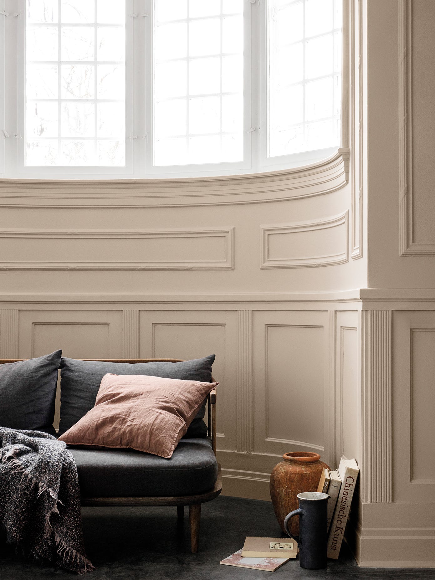 Furniture, Room, Couch, Interior design, Living room, Wall, Brown, Floor, Window, Home, 