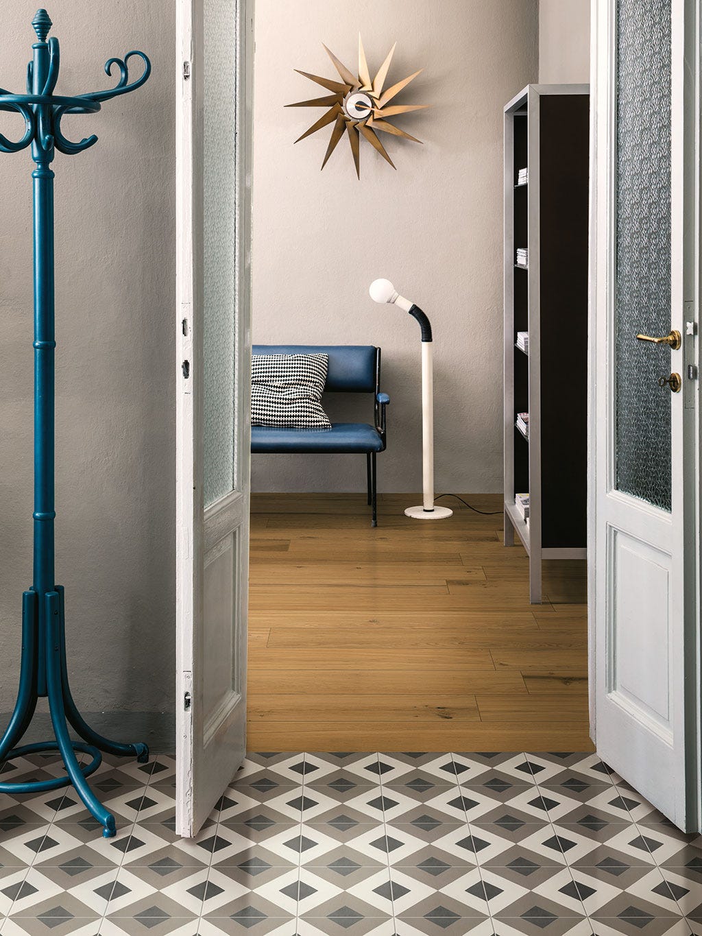 Floor, Tile, Room, Flooring, Door, Lighting, Interior design, Home door, Architecture, Hardwood, 