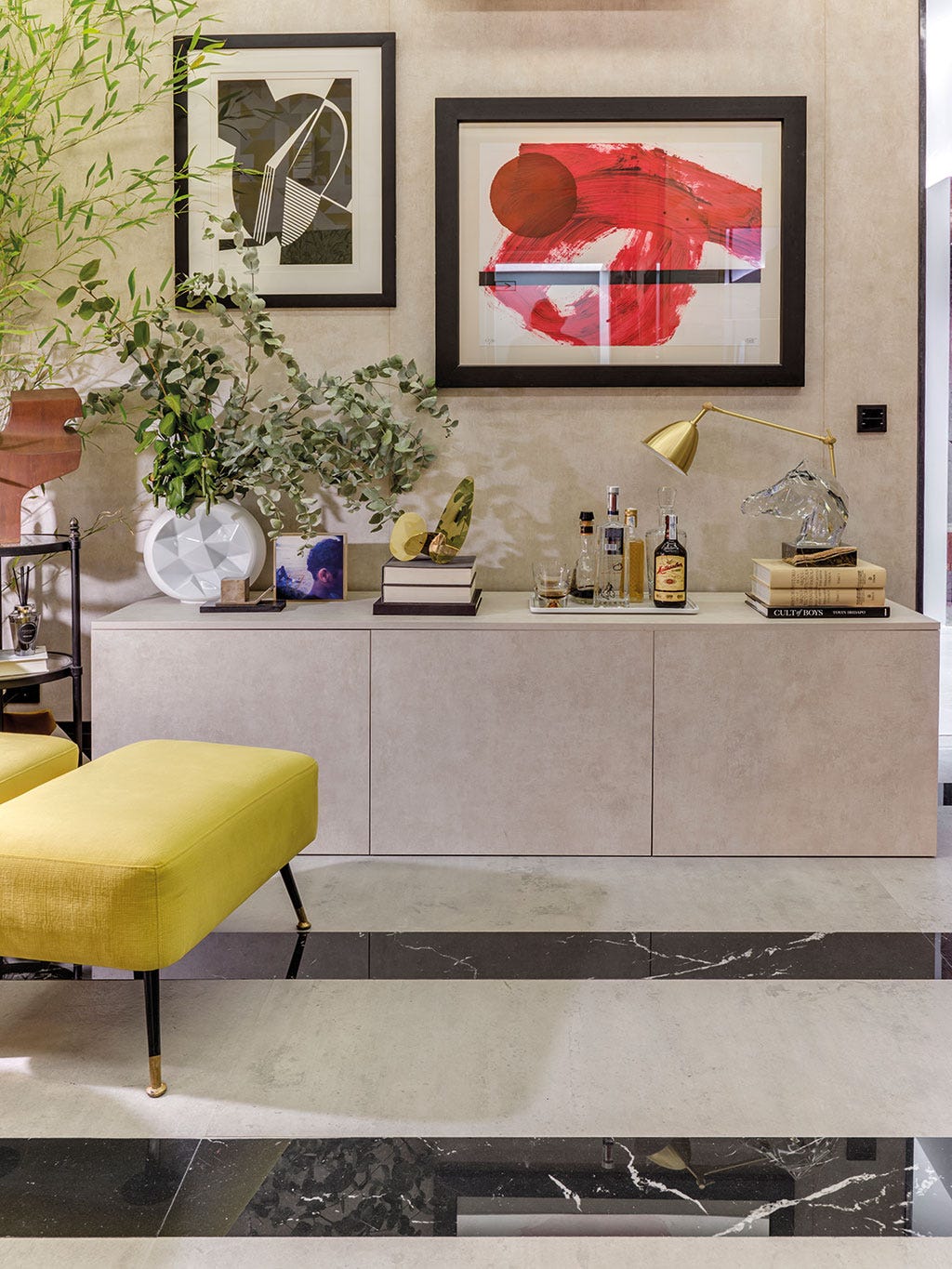 Furniture, Room, Interior design, Wall, Living room, Yellow, Table, Shelf, Pink, Floor, 