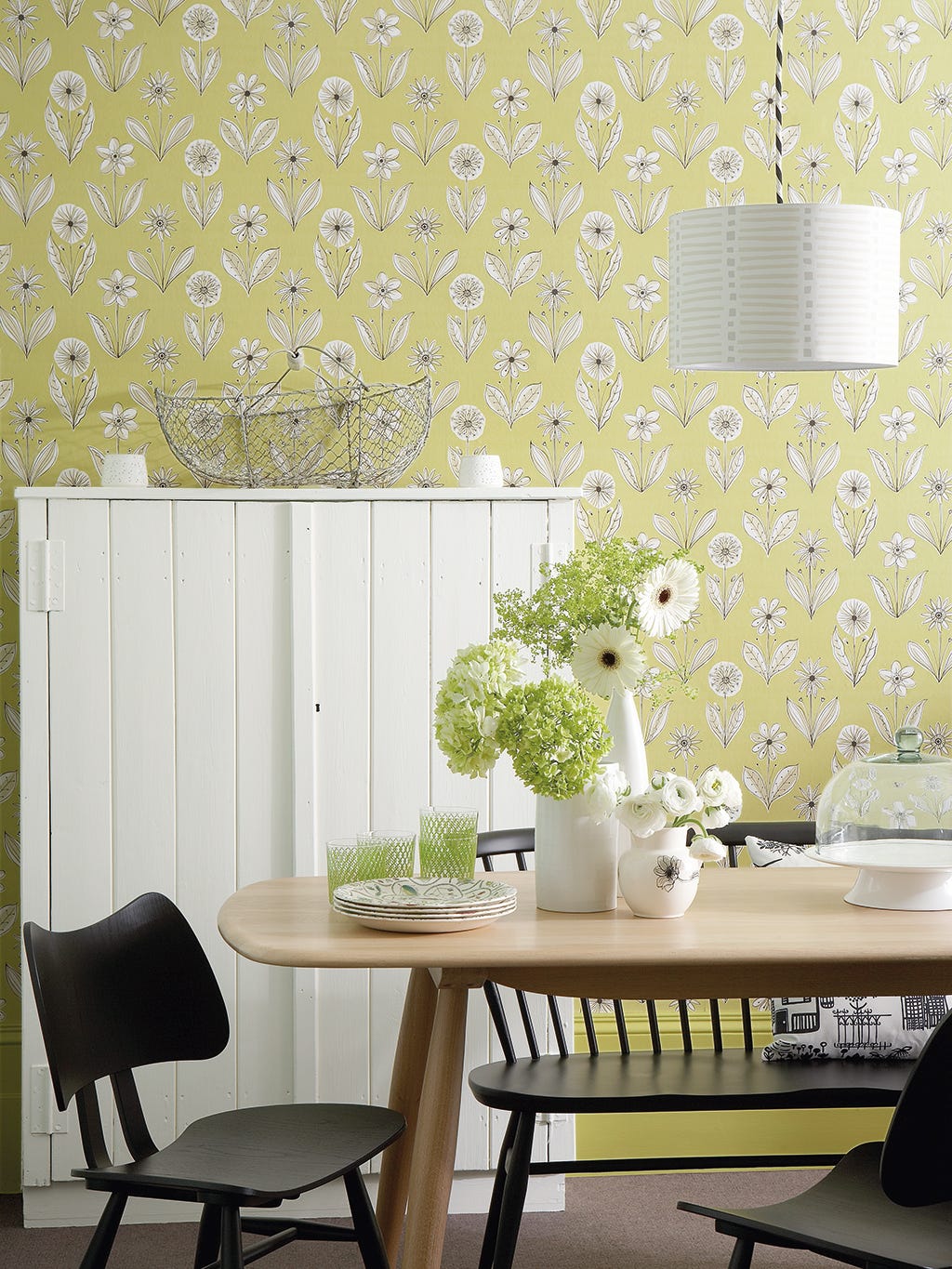 Green, Wallpaper, Room, Wall, Yellow, Interior design, Furniture, Table, Dining room, Design, 