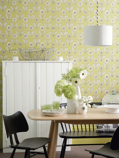 Green, Wallpaper, Room, Wall, Yellow, Interior design, Furniture, Table, Dining room, Design, 