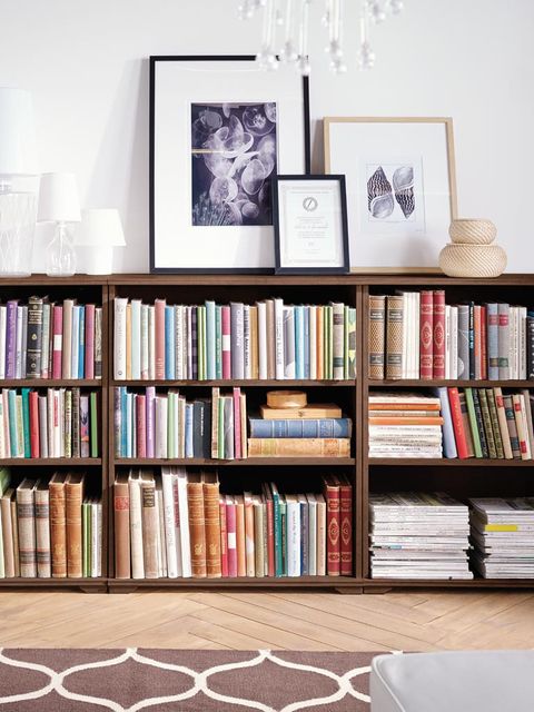 Room, Shelf, Publication, Shelving, Interior design, Bookcase, Book, Book cover, Collection, Lavender, 