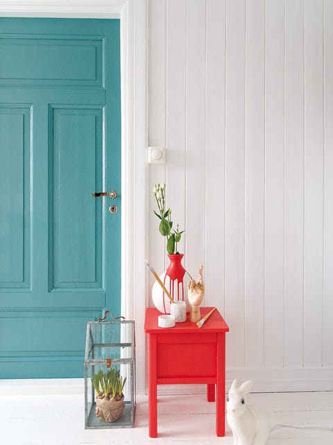 Flowerpot, Door, Home door, Teal, Fixture, Interior design, Flower Arranging, Door handle, Artifact, Floral design, 