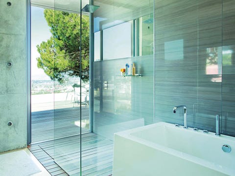 Glass, Architecture, Floor, Property, Plumbing fixture, Interior design, Wall, Tile, Flooring, Real estate, 