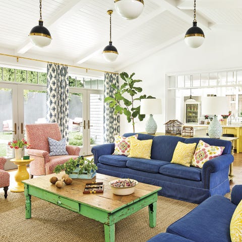 Living room, Room, Green, Furniture, Interior design, Blue, Yellow, Home, Coffee table, Property, 