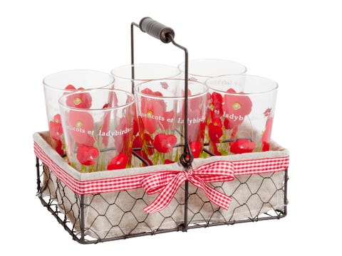 Red, Produce, Basket, Fruit, Present, Party supply, Home accessories, Storage basket, Cherry, Peach, 
